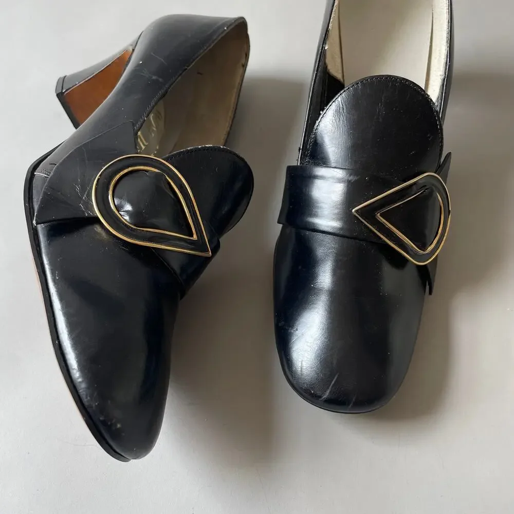 60s 70s Buckle Shoes MCM Low Heel Pilgrim Square Toe Front Row Chunky Heel 9AA